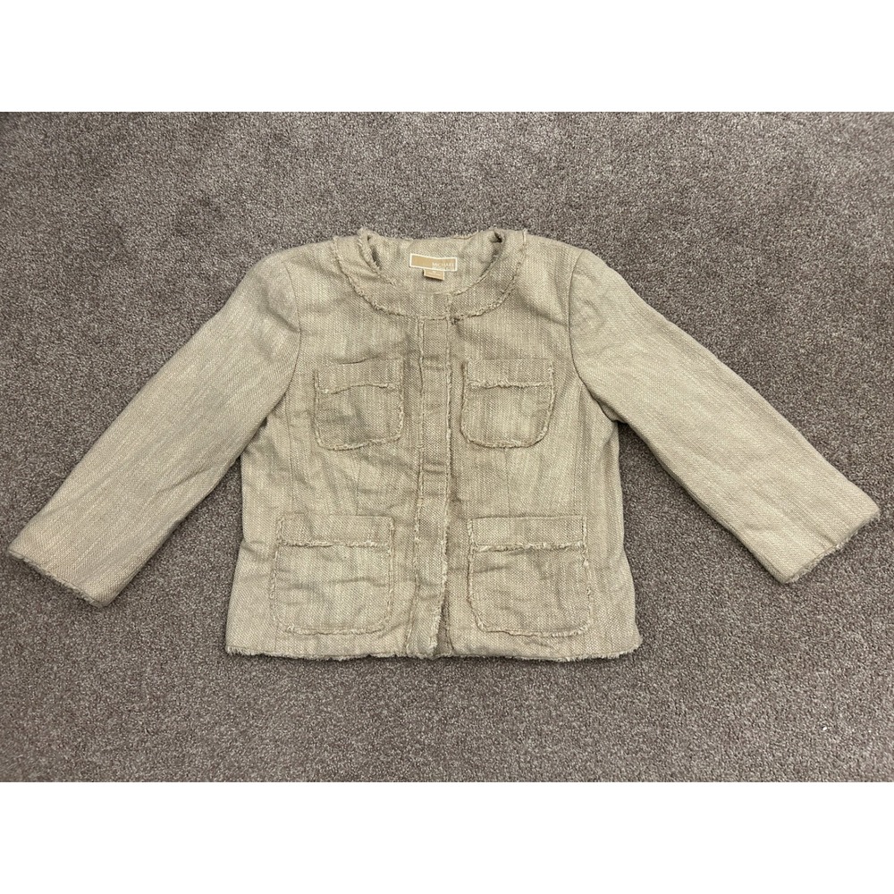 Michael Michael Kors Jacket Women 8 Tan Excellent Frayed Trim Linen Blend Pocket